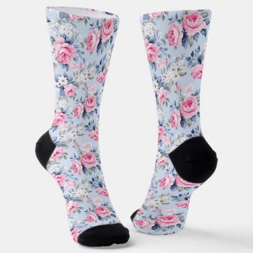 Shabby Chic Pink Roses White Flowers Pattern Socks