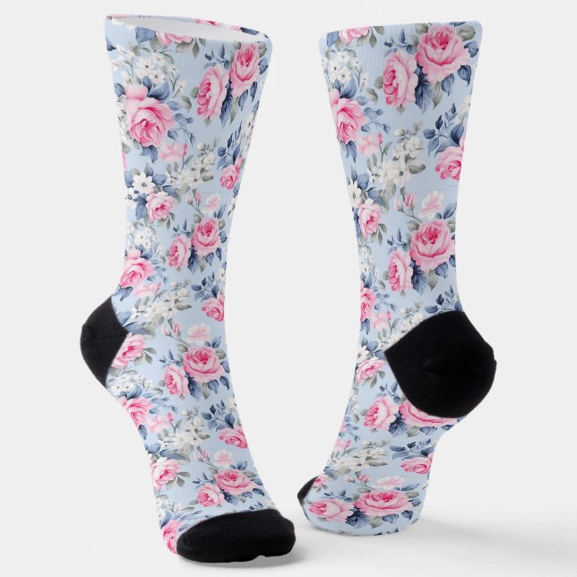 Shabby Chic Pink Roses White Flowers Pattern Socks (Angled)
