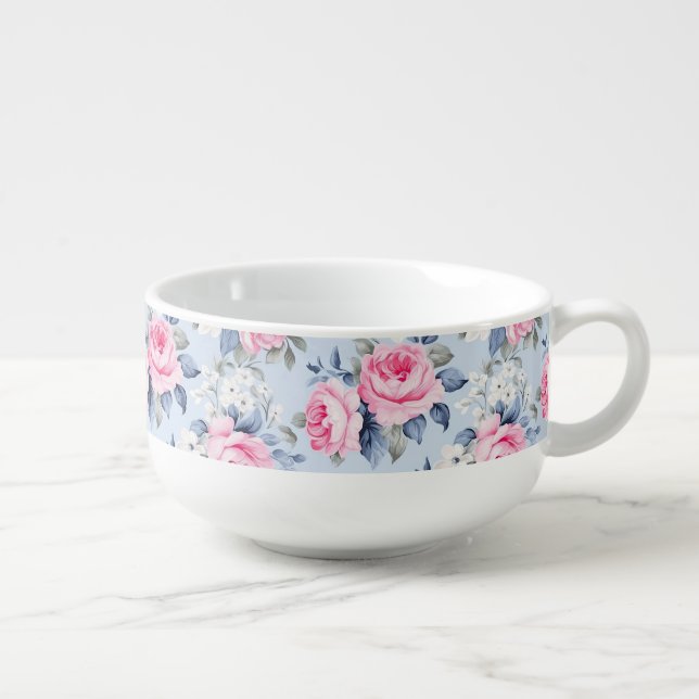 Shabby chic pink roses white flowers pattern soup mug (Left)