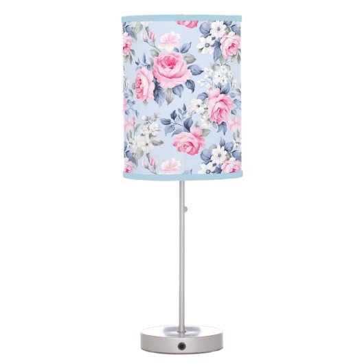 Shabby chic pink roses white flowers pattern table lamp (Back)