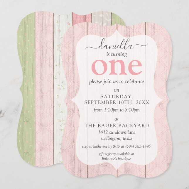 Shabby Chic Pink & Sage Wood Custom Age Birthday Invitation (Front/Back)