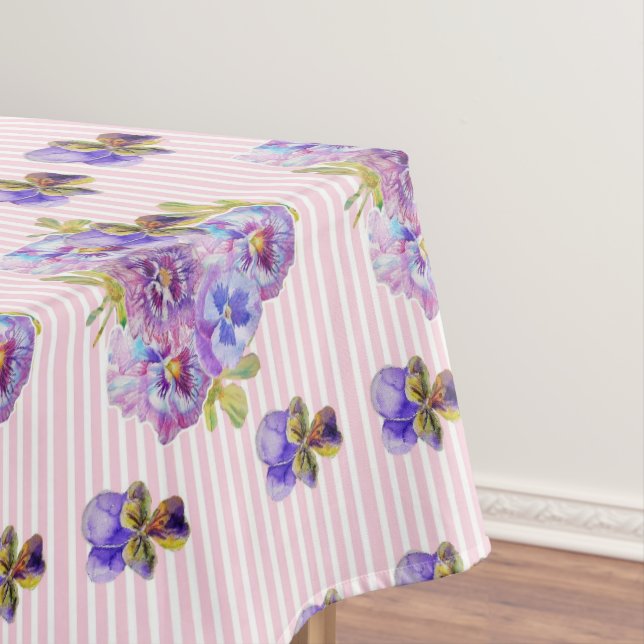 Shabby Chic Pink Stripe Pansy Viola Floral Pattern Tablecloth (In Situ)
