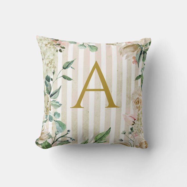 Shabby chic  pink striped floral personalized throw pillow (Front)
