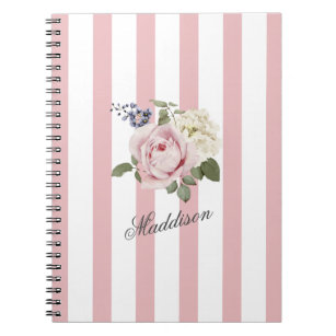 Shabby Chic Pink Striped Rose Bouquet Monogrammed Notebook