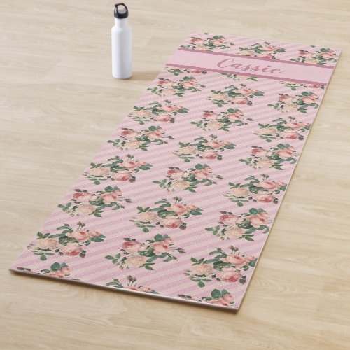Shabby Chic Pink Stripes and Roses Personalized Yoga Mat