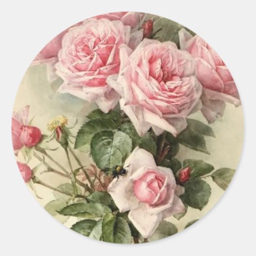 Shabby Chic Pink Victorian Roses Classic Round Sticker