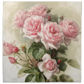 Vintage Pink Roses Cloth Napkins , 17x17 Inch Napkins, Dinner