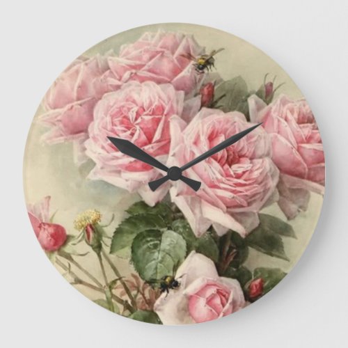 Shabby Chic Pink Victorian Roses Large Clock