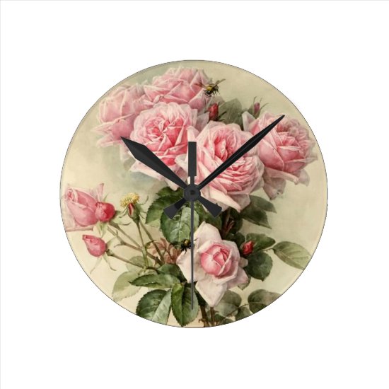 Shabby Chic Pink Victorian Roses Round Clock