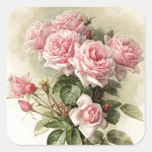 Shabby Chic Pink Victorian Roses Square Sticker
