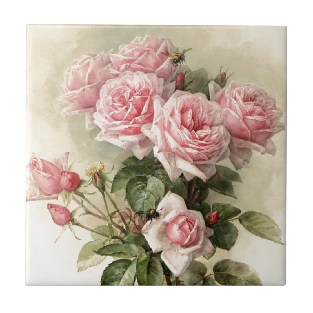 Shabby Chic Pink Victorian Roses Tile | Zazzle