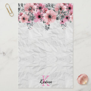 Shabby Chic Pink Watercolor Floral Custom Monogram Stationery