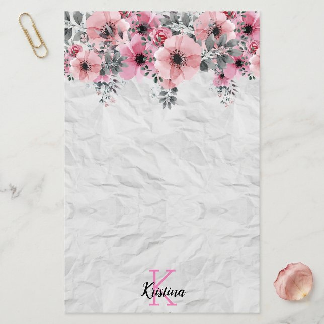 Shabby Chic Pink Watercolor Floral Custom Monogram Stationery (Creator Uploaded)