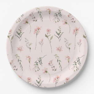 Shabby chic pink wildflower sage green greenery paper plates