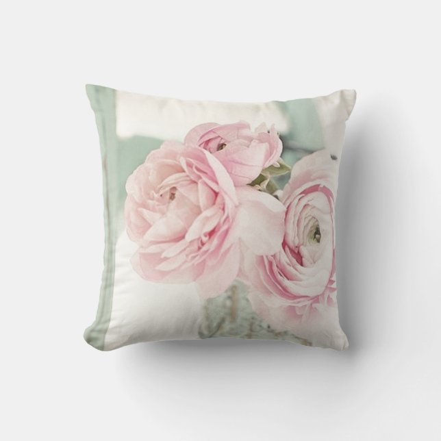 Shabby Chic Pitcher of Pink Flowers Throw Pillow (Front)