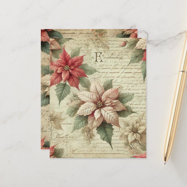 Shabby Chic Poinsettia on Script Scrapbook Paper (Front/Back In Situ)