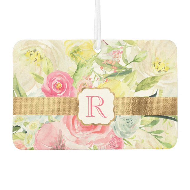 Shabby Chic Pretty Pink Watercolor Roses Monogram Air Freshener (Front)