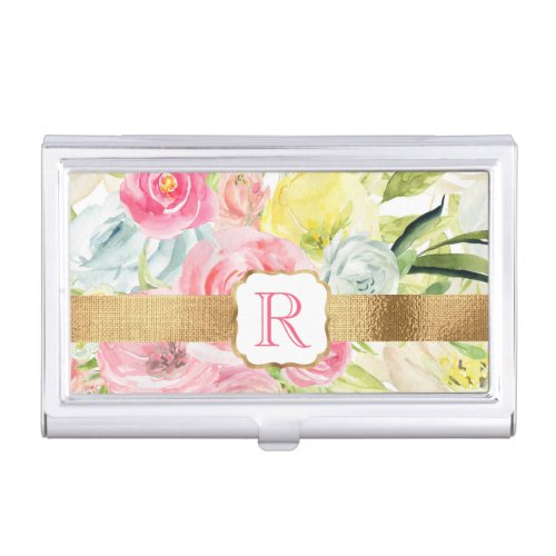 Shabby Chic Pretty Pink Watercolor Roses Monogram Business Card Case
