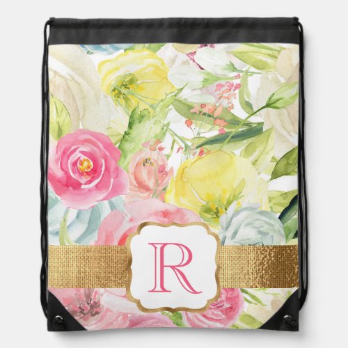 Shabby Chic Pretty Pink Watercolor Roses Monogram Drawstring Bag