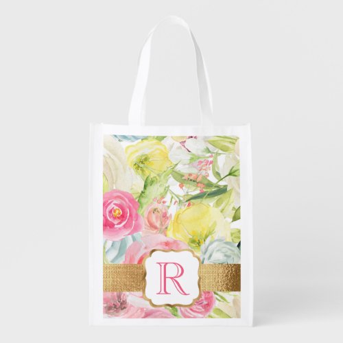 Shabby Chic Pretty Pink Watercolor Roses Monogram Grocery Bag