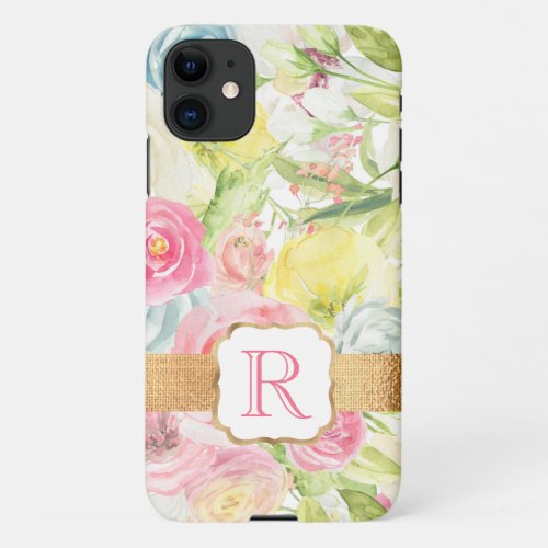 Shabby Chic Pretty Pink Watercolor Roses Monogram iPhone 11 Case