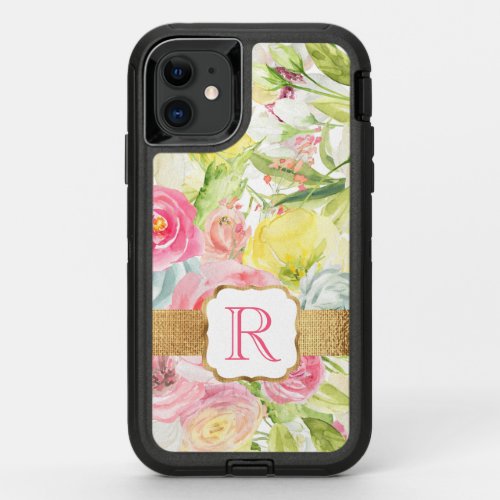Shabby Chic Pretty Pink Watercolor Roses Monogram OtterBox Defender iPhone 11 Case