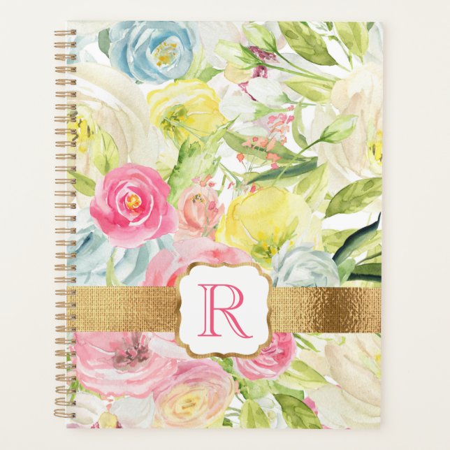 Shabby Chic Pretty Pink Watercolor Roses Monogram Planner (Front)