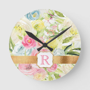 Shabby Chic Pretty Pink Watercolor Roses Monogram Round Clock