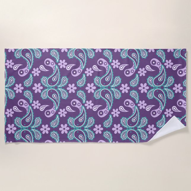 Shabby Chic Purple and blue Paisley Pattern Beach Towel (Front)