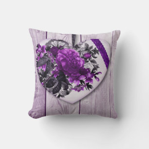 Shabby Chic Purple Floral Heart  On Lilac Wood Throw Pillow