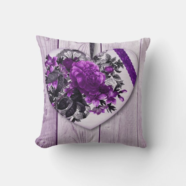 Shabby Chic Purple Floral Heart  On Lilac Wood Throw Pillow (Front)