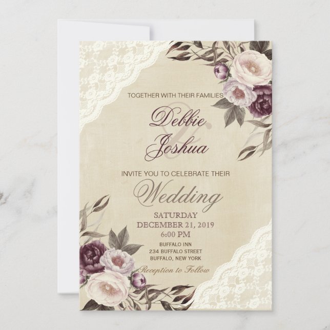 Shabby Chic Purple Floral Lace Wedding Invitation (Front)