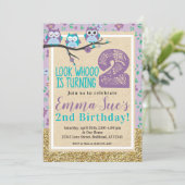 Shabby Chic Purple Owl 2nd Birthday Invitation (Standing Front)