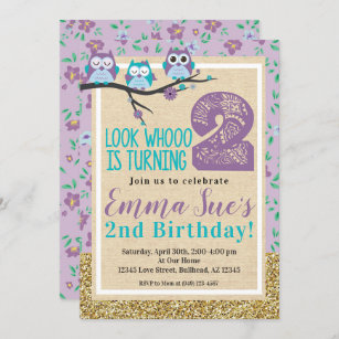 Shabby Chic Purple Owl 2nd Birthday Invitation
