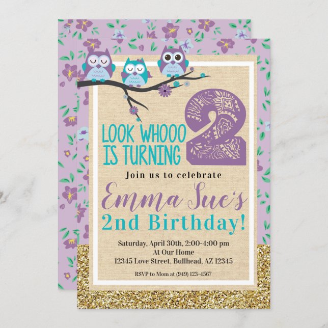 Shabby Chic Purple Owl 2nd Birthday Invitation (Front/Back)