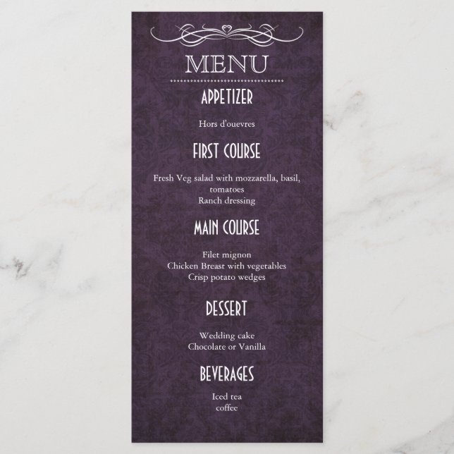 Shabby Chic Purple Vintage Wedding Menu Card (Front)
