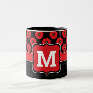 Shabby Chic Red and Black Poppies Floral Monogram Two-Tone Coffee Mug