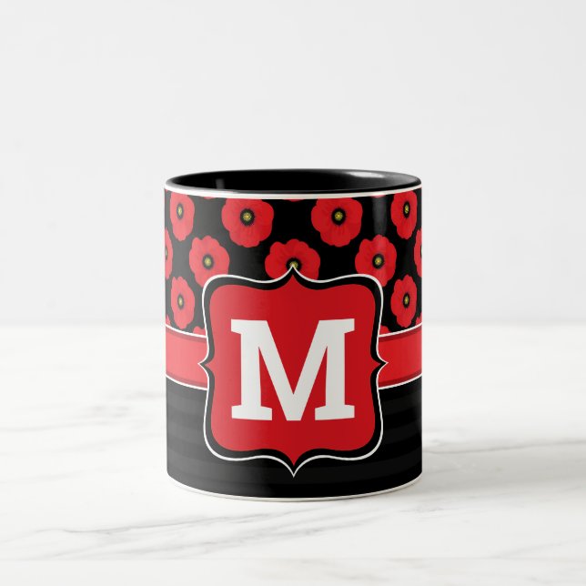 Shabby Chic Red and Black Poppies Floral Monogram Two-Tone Coffee Mug (Center)