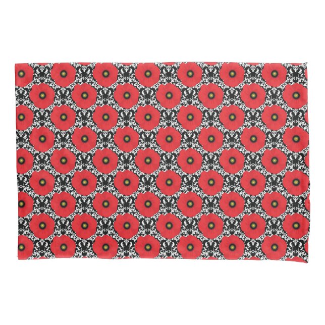 Shabby Chic Red, Black & White Poppies Floral Pillow Case (Front)