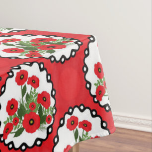 Shabby Chic Red, Black & White Poppies Floral Tablecloth