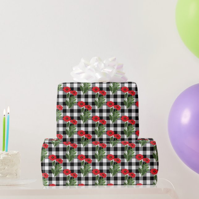 Shabby Chic Red, Black & White Poppies Floral Wrapping Paper (Party Gifts)