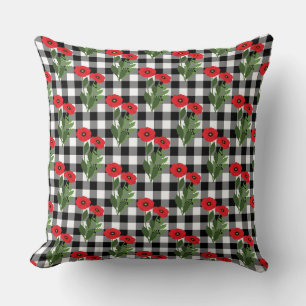 Shabby Chic Red, Black & White Poppies Gingham Throw Pillow