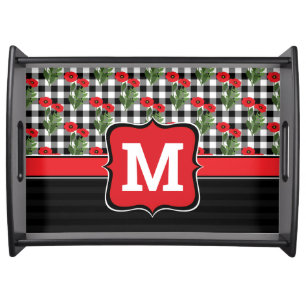 Shabby Chic Red, Black & White Poppies Monogram Serving Tray