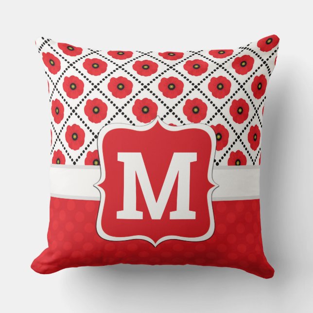 Shabby Chic Red, Black & White Poppies Monogram Throw Pillow (Front)
