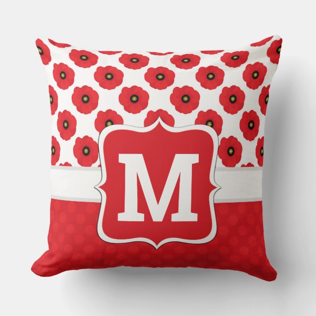 Shabby Chic Red, Black & White Poppies Monogram Throw Pillow (Front)
