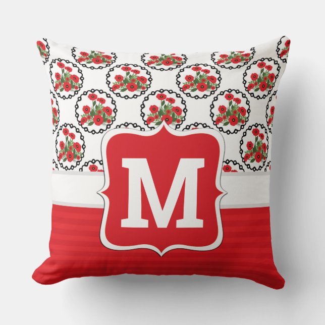 Shabby Chic Red, Black & White Poppies Monogram Throw Pillow (Front)