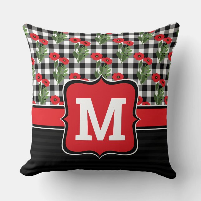Shabby Chic Red, Black & White Poppies Monogram Throw Pillow (Front)