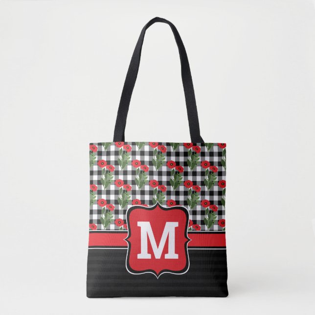 Shabby Chic Red, Black & White Poppies Monogram Tote Bag (Front)