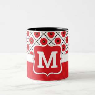Shabby Chic Red, Black & White Poppies Monogram Two-Tone Coffee Mug