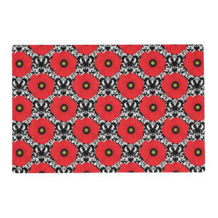 Shabby Chic Red, Black & White Poppies Pattern Placemat